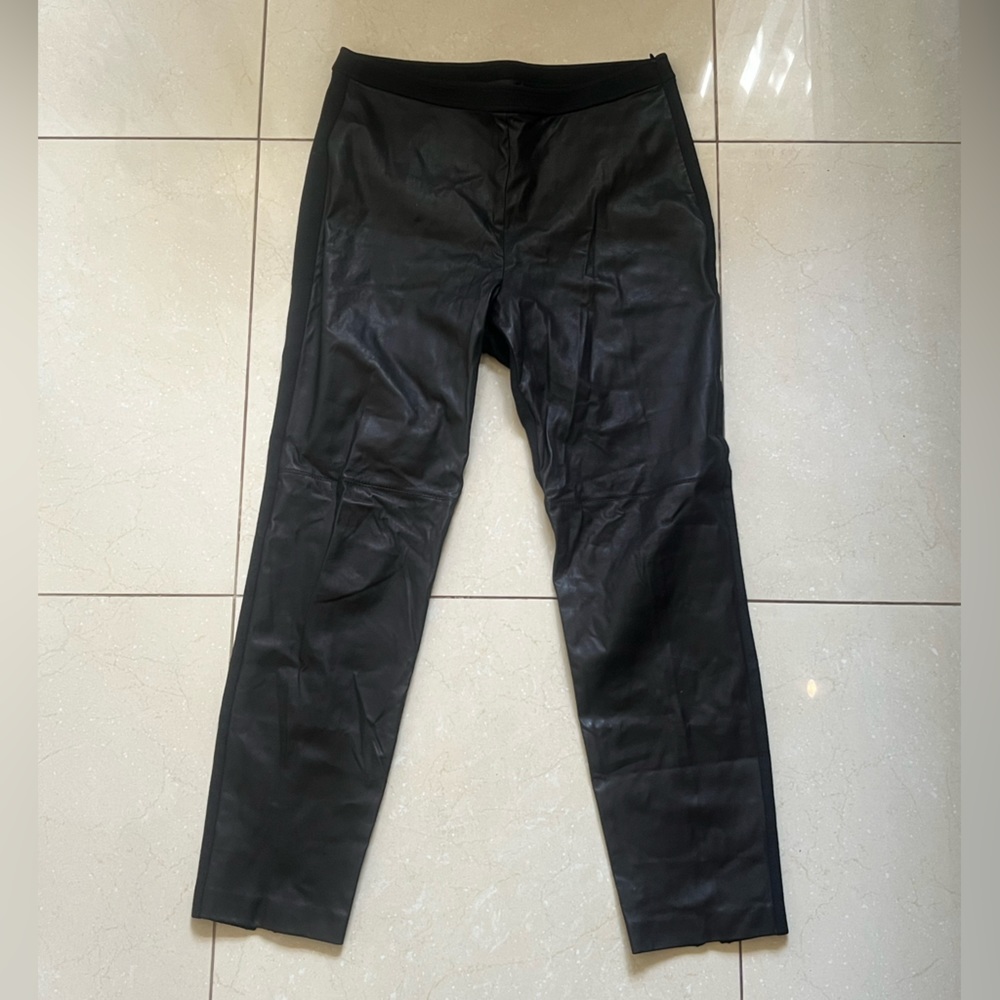 ST. JOHN Black Leather Front Stretch Jersey Ankle Slit Straight Leg Pant
